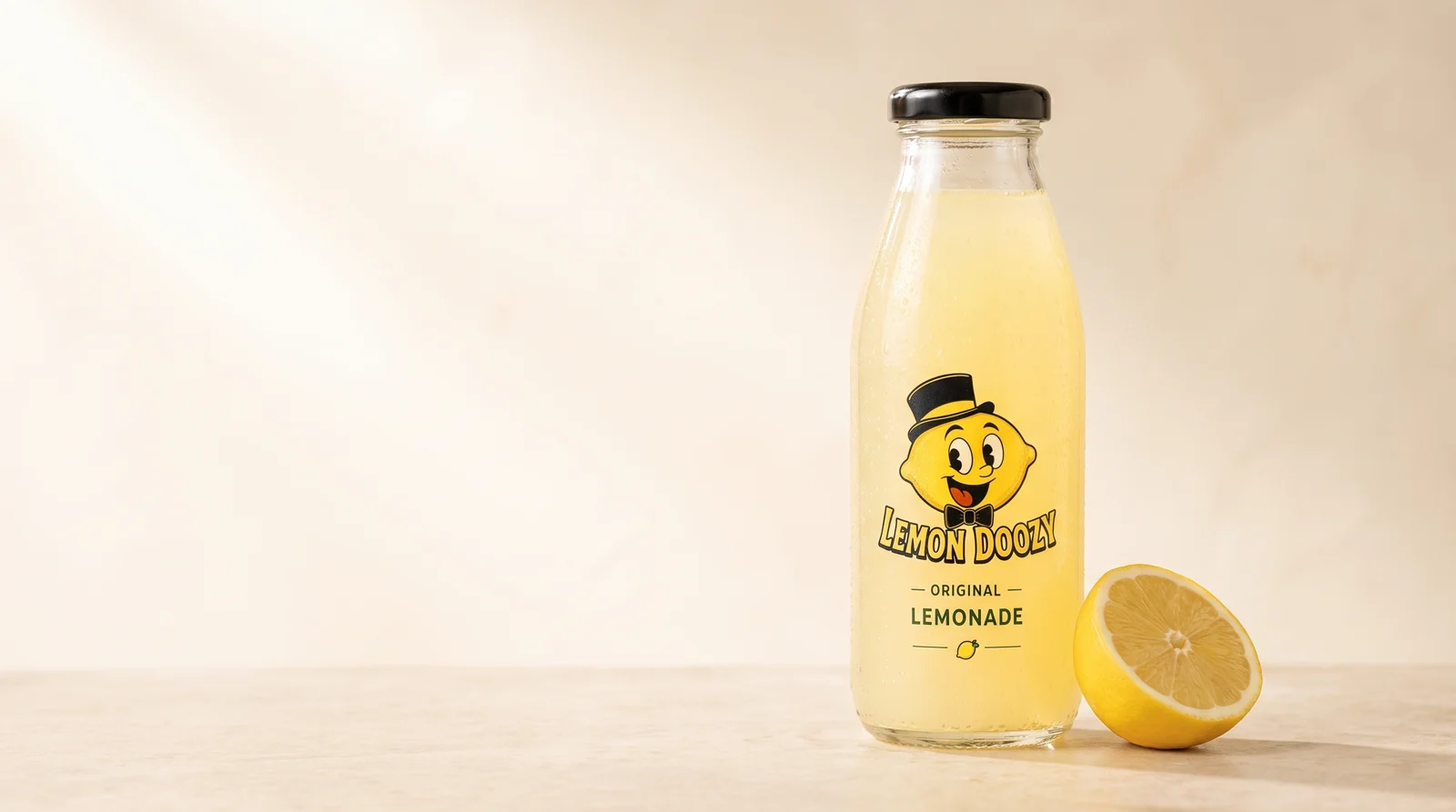 Lemon Doozy Original lemonade in a clear glass bottle with a black cap and the official smiling lemon label